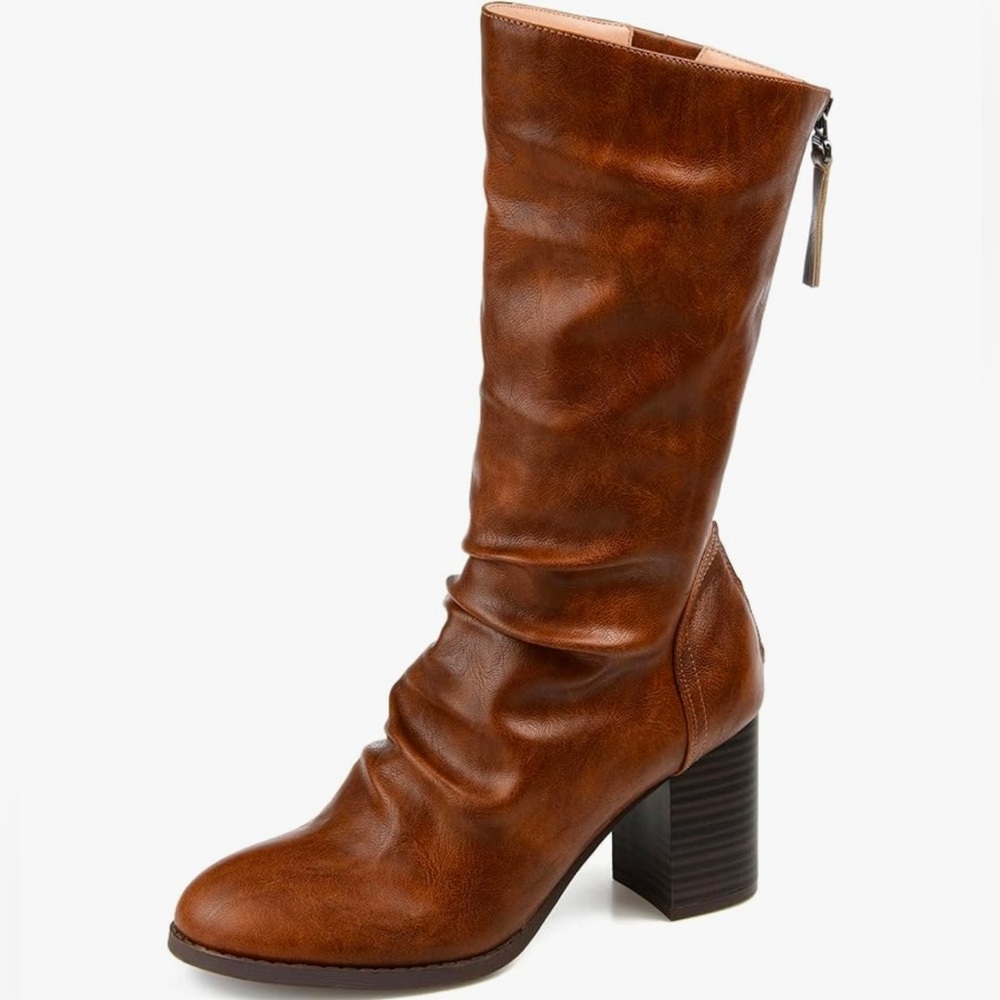 New $70 Journee Sequoia Stacked Heel Mid Calf Boots Brown Vegan leather Size 9